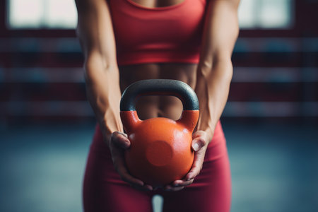 This cropped shot focuses on the strong and capable hands of a man firmly gripping a colorful kettlebell. The image embodies the concept of fitness, strength, and determination. Perfect for fitness magazines, training manuals, gym promotions, and healthy lifestyle visualsの素材