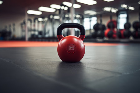 This striking close-up captures a vibrant color kettlebell on the gym floor, where a dedicated athlete is immersed in their fitness routine. It's a powerful image that represents determination and the pursuit of a healthier lifestyle. Ideal for fitness magazines, workout plans, gym advertisements, and sports-related contentの素材