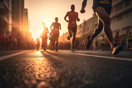 In this captivating image, taken from a lower perspective, the city road is filled with the determined feet of marathon runners during the radiant sunset. It's a powerful depiction of endurance, teamwork, and the pursuit of goals. Perfect for sports magazines, fitness promotions, and inspirational contentの素材