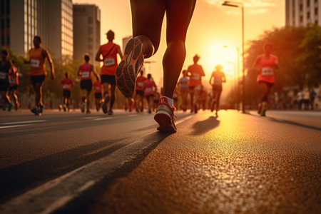 In this captivating image, taken from a lower perspective, the city road is filled with the determined feet of marathon runners during the radiant sunset. It's a powerful depiction of endurance, teamwork, and the pursuit of goals. Perfect for sports magazines, fitness promotions, and inspirational contentの素材