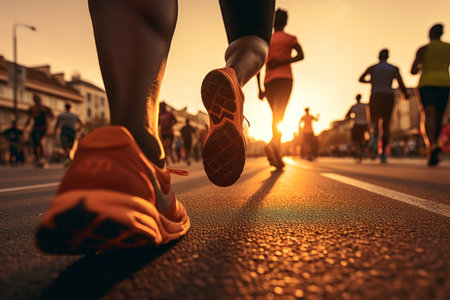 In this captivating image, taken from a lower perspective, the city road is filled with the determined feet of marathon runners during the radiant sunset. It's a powerful depiction of endurance, teamwork, and the pursuit of goals. Perfect for sports magazines, fitness promotions, and inspirational contentの素材