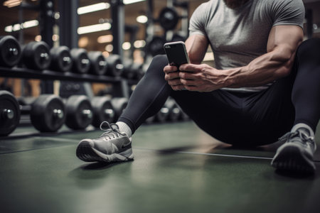 In this focused composition, a fitness enthusiast is captured in a cropped view. He sits on the floor beside dumbbells, engaged in a workout session while using his smartphone. It's a modern blend of fitness and technology. Ideal for illustrating the intersection of a healthy lifestyle with digital convenienceの素材