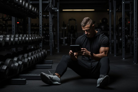 In this focused composition, a fitness enthusiast is captured in a cropped view. He sits on the floor beside dumbbells, engaged in a workout session while using his smartphone. It's a modern blend of fitness and technology. Ideal for illustrating the intersection of a healthy lifestyle with digital convenienceの素材