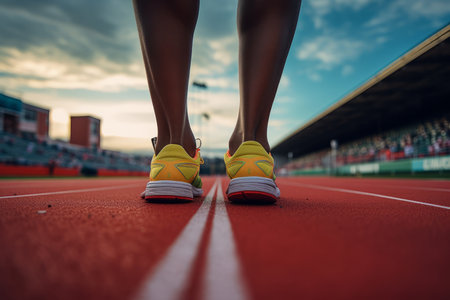 A dynamic shot capturing the lower view of a runner's feet as they prepare to dash from the starting line at the stadium. The image conveys the anticipation and energy of the race about to commence. Perfect for illustrating the excitement of sports and competitionの素材