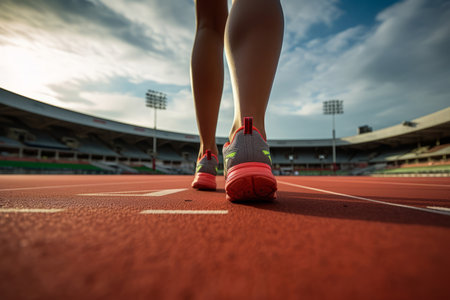 A dynamic shot capturing the lower view of a runner's feet as they prepare to dash from the starting line at the stadium. The image conveys the anticipation and energy of the race about to commence. Perfect for illustrating the excitement of sports and competitionの素材
