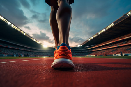 A dynamic shot capturing the lower view of a runner's feet as they prepare to dash from the starting line at the stadium. The image conveys the anticipation and energy of the race about to commence. Perfect for illustrating the excitement of sports and competitionの素材