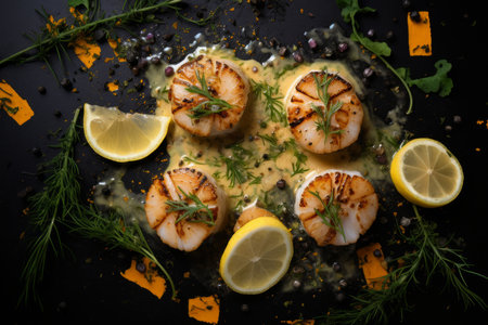 Mouthwatering grilled scallops elegantly presented with a creamy lemon spicy sauce and garnished with fresh herbs. This delectable seafood dish is showcased against a sleek black background, making it a visual feast for food enthusiastsの素材