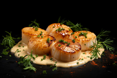 Mouthwatering grilled scallops elegantly presented with a creamy lemon spicy sauce and garnished with fresh herbs. This delectable seafood dish is showcased against a sleek black background, making it a visual feast for food enthusiastsの素材