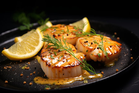 Mouthwatering grilled scallops elegantly presented with a creamy lemon spicy sauce and garnished with fresh herbs. This delectable seafood dish is showcased against a sleek black background, making it a visual feast for food enthusiastsの素材