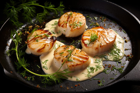Mouthwatering grilled scallops elegantly presented with a creamy lemon spicy sauce and garnished with fresh herbs. This delectable seafood dish is showcased against a sleek black background, making it a visual feast for food enthusiastsの素材