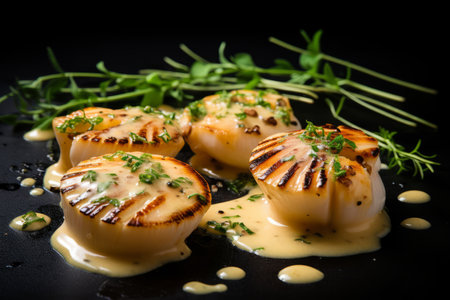 Mouthwatering grilled scallops elegantly presented with a creamy lemon spicy sauce and garnished with fresh herbs. This delectable seafood dish is showcased against a sleek black background, making it a visual feast for food enthusiastsの素材