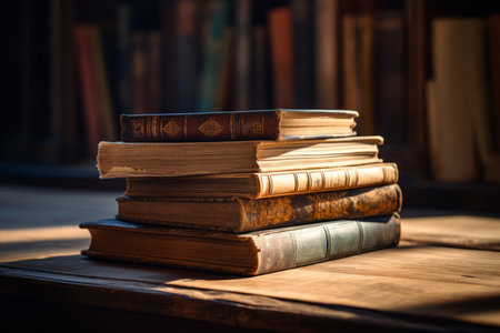 A captivating vintage arrangement featuring a stack of old books resting on a rustic wooden table. The play of rim light casts enchanting long shadows, adding depth and character to this nostalgic compositionの素材
