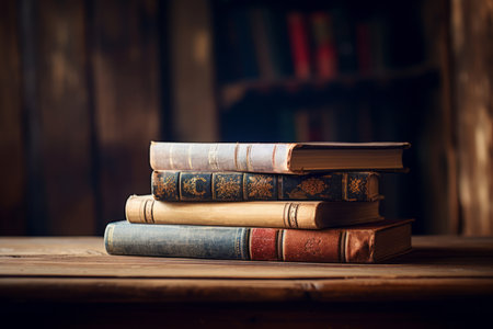 A captivating vintage arrangement featuring a stack of old books resting on a rustic wooden table. The play of rim light casts enchanting long shadows, adding depth and character to this nostalgic compositionの素材