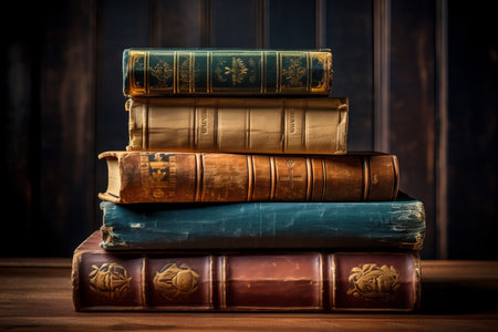 A captivating vintage arrangement featuring a stack of old books resting on a rustic wooden table. The play of rim light casts enchanting long shadows, adding depth and character to this nostalgic compositionの素材