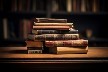 A captivating vintage arrangement featuring a stack of old books resting on a rustic wooden table. The play of rim light casts enchanting long shadows, adding depth and character to this nostalgic compositionの素材