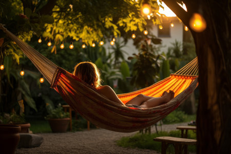 A tranquil scene captured in a garden as a woman finds pure relaxation in a hammock. Her back turned to the viewer, she's immersed in a book, savoring the joy of reading amidst the natural serenityの素材