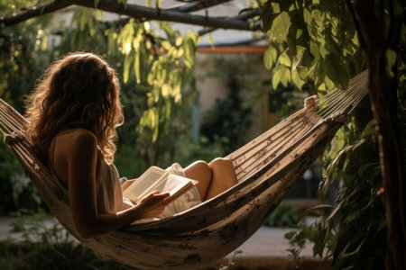 A tranquil scene captured in a garden as a woman finds pure relaxation in a hammock. Her back turned to the viewer, she's immersed in a book, savoring the joy of reading amidst the natural serenityの素材