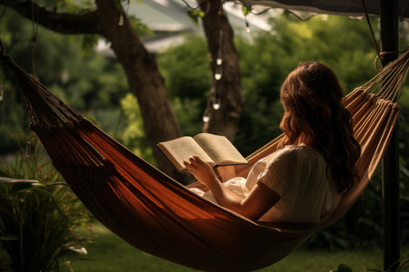 A tranquil scene captured in a garden as a woman finds pure relaxation in a hammock. Her back turned to the viewer, she's immersed in a book, savoring the joy of reading amidst the natural serenityの素材