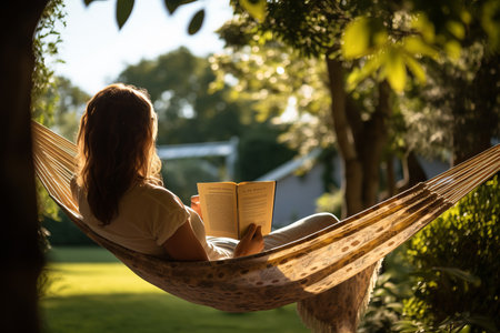 A tranquil scene captured in a garden as a woman finds pure relaxation in a hammock. Her back turned to the viewer, she's immersed in a book, savoring the joy of reading amidst the natural serenityの素材