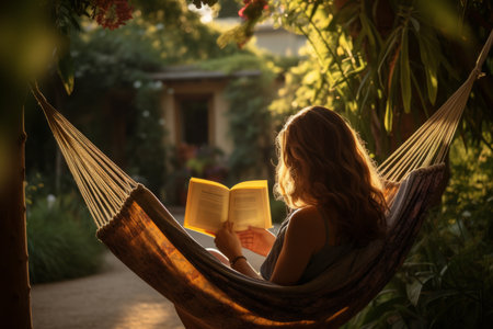 A tranquil scene captured in a garden as a woman finds pure relaxation in a hammock. Her back turned to the viewer, she's immersed in a book, savoring the joy of reading amidst the natural serenityの素材