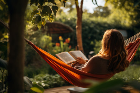A tranquil scene captured in a garden as a woman finds pure relaxation in a hammock. Her back turned to the viewer, she's immersed in a book, savoring the joy of reading amidst the natural serenityの素材