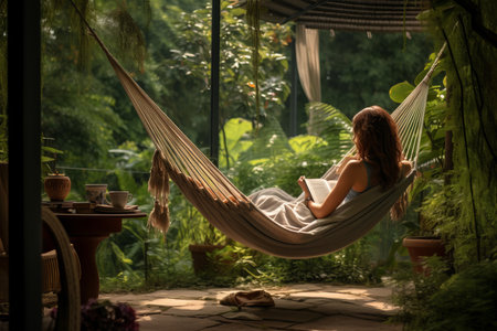 A tranquil scene captured in a garden as a woman finds pure relaxation in a hammock. Her back turned to the viewer, she's immersed in a book, savoring the joy of reading amidst the natural serenityの素材