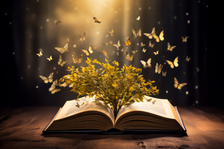 This captivating image presents a remarkable scene as a massive tree sprouts from the pages of an old, yellowed book. Against a backdrop of fluttering butterflies, the story comes alive, celebrating the magic of literature. A perfect visual for World Book Dayの素材