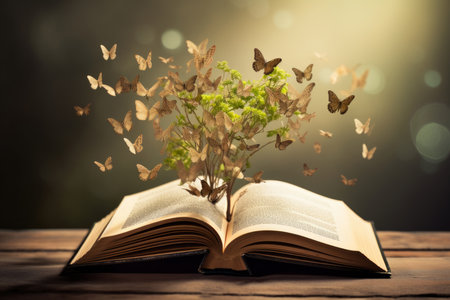 This captivating image presents a remarkable scene as a massive tree sprouts from the pages of an old, yellowed book. Against a backdrop of fluttering butterflies, the story comes alive, celebrating the magic of literature. A perfect visual for World Book Dayの素材
