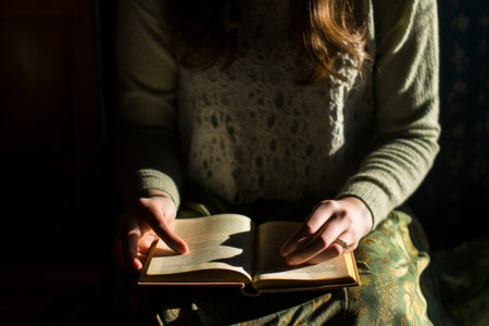 This beautifully composed image focuses on a woman's hand delicately holding an open book, bathed in soft natural light that casts long, graceful shadows. It captures the essence of tranquil reading momentsの素材