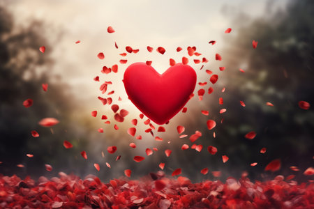A stunning red heart surrounded by petals gracefully floats in the air, creating a dreamy and romantic atmosphere. This captivating image is perfect for Valentine's Day or any love-themed project, conveying love, passion, and heartfelt emotionsの素材