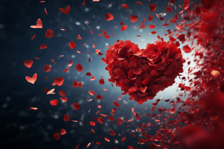 A stunning red heart surrounded by petals gracefully floats in the air, creating a dreamy and romantic atmosphere. This captivating image is perfect for Valentine's Day or any love-themed project, conveying love, passion, and heartfelt emotionsの素材