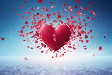 A stunning red heart surrounded by petals gracefully floats in the air, creating a dreamy and romantic atmosphere. This captivating image is perfect for Valentine's Day or any love-themed project, conveying love, passion, and heartfelt emotionsの素材