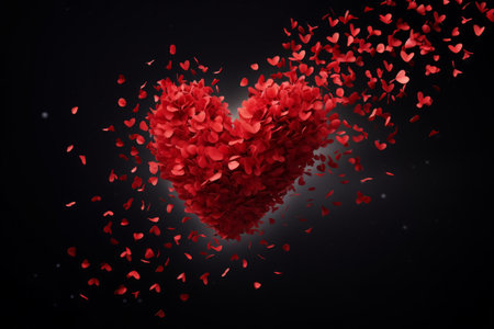 A stunning red heart surrounded by petals gracefully floats in the air, creating a dreamy and romantic atmosphere. This captivating image is perfect for Valentine's Day or any love-themed project, conveying love, passion, and heartfelt emotionsの素材