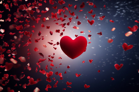 A stunning red heart surrounded by petals gracefully floats in the air, creating a dreamy and romantic atmosphere. This captivating image is perfect for Valentine's Day or any love-themed project, conveying love, passion, and heartfelt emotionsの素材