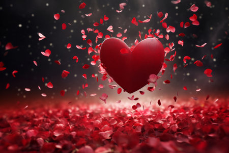 A stunning red heart surrounded by petals gracefully floats in the air, creating a dreamy and romantic atmosphere. This captivating image is perfect for Valentine's Day or any love-themed project, conveying love, passion, and heartfelt emotionsの素材