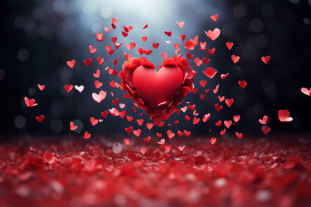 A stunning red heart surrounded by petals gracefully floats in the air, creating a dreamy and romantic atmosphere. This captivating image is perfect for Valentine's Day or any love-themed project, conveying love, passion, and heartfelt emotionsの素材