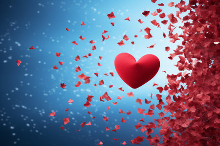 A stunning red heart surrounded by petals gracefully floats in the air, creating a dreamy and romantic atmosphere. This captivating image is perfect for Valentine's Day or any love-themed project, conveying love, passion, and heartfelt emotionsの素材