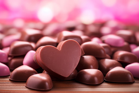 Delicious heart-shaped chocolate candies beautifully arranged on a pink wooden table. This sweet and romantic image is perfect for conveying love and affection, ideal for Valentine's Day, anniversaries, or any heartfelt occasionの素材