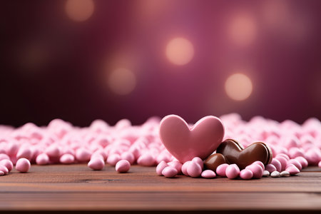 Delicious heart-shaped chocolate candies beautifully arranged on a pink wooden table. This sweet and romantic image is perfect for conveying love and affection, ideal for Valentine's Day, anniversaries, or any heartfelt occasionの素材