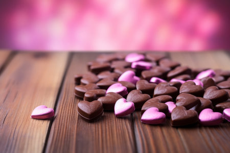 Delicious heart-shaped chocolate candies beautifully arranged on a pink wooden table. This sweet and romantic image is perfect for conveying love and affection, ideal for Valentine's Day, anniversaries, or any heartfelt occasionの素材