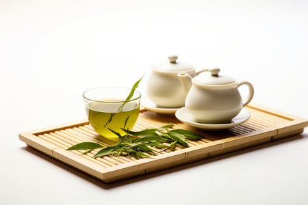 Embrace the serene essence of Asian tea culture with this elegant composition. Two white cups of tea, a delicate teapot, tea set, chopsticks, and a bamboo mat surround a bed of dry green tea leaves on a clean white background, providing ample copy space. Explore the art of brewing and savoring tea in its purest formの素材