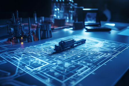 A skilled engineer's hand meticulously draws a detailed plan on a blue blueprint. This high-quality photo illustrates the precision and expertise involved in architectural and engineering workの素材