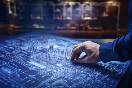 A skilled engineer's hand meticulously draws a detailed plan on a blue blueprint. This high-quality photo illustrates the precision and expertise involved in architectural and engineering workの素材