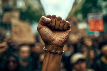 This image captures the essence of a peaceful protest with a powerful raised fist symbolizing unity and resistance, a resounding message of solidarity in the face of changeの素材
