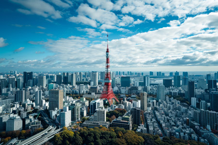The Tokyo Tower stands tall against a pristine blue sky, showcasing its iconic presence in the vibrant cityscape of Japan's capitalの素材