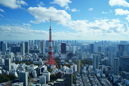The Tokyo Tower stands tall against a pristine blue sky, showcasing its iconic presence in the vibrant cityscape of Japan's capitalの素材