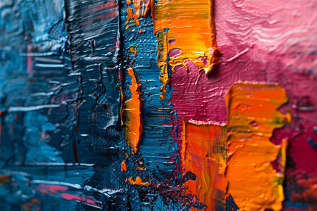 A closeup view of an abstract art painting featuring a vibrant mix of colors, including pink, blue, and orange. The canvas showcases expressive oil brushstrokes and palette knife textures, creating a visually striking and dynamic compositionの素材