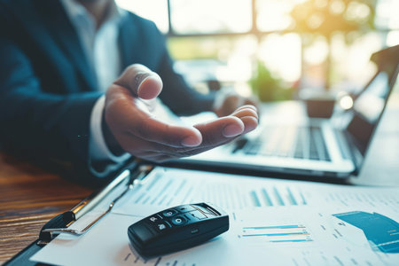 In this professionally composed scene, a well-groomed hand extends a car key fob in a gesture that implies a transaction or an offer. This image conveys an air of professionalism and meticulous attention to detail, making it ideal for automotive, business, or financial conceptsの素材