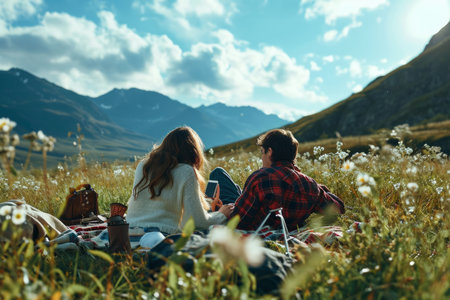 A young couple finds pure bliss as they lie on a lush green meadow under the vast open sky. This idyllic scene captures the essence of a romantic getaway, with the couple immersed in nature's embrace. Perfect for concepts related to love, romance, travel, and outdoor relaxationの素材