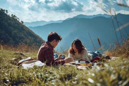 A young couple finds pure bliss as they lie on a lush green meadow under the vast open sky. This idyllic scene captures the essence of a romantic getaway, with the couple immersed in nature's embrace. Perfect for concepts related to love, romance, travel, and outdoor relaxationの素材